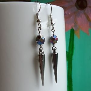 Silver spike earrings with fire polish beads